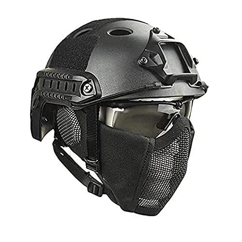 PJ Táctica Fast Casco & Protect Ear, Correas Dobles Plegables, máscara de Malla de Media Cara y Juego de Gafas para Airsoft Paintball CS Cover