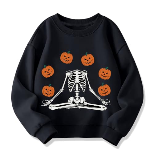 Image of DSWEFS Girls Jumper Skeleton Boys Halloween Pumpkin Face Kids Sweatshirt Toddler Top Long Sleeve Round Neck Cotton Casual Clothes T Shirt 5-6 Years Old Black