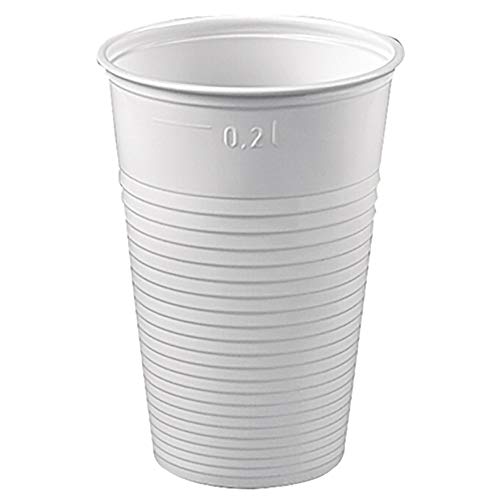 Papstar Trinkbecher / Plastikbecher (100 Stück), 0.2 l, weiß, aus PS-Kunststoff, Durchmesser 7 cm, Höhe 9.9 cm, mit Füllstrich, klassisches Design, ideal für größere Events und Feiern #12156