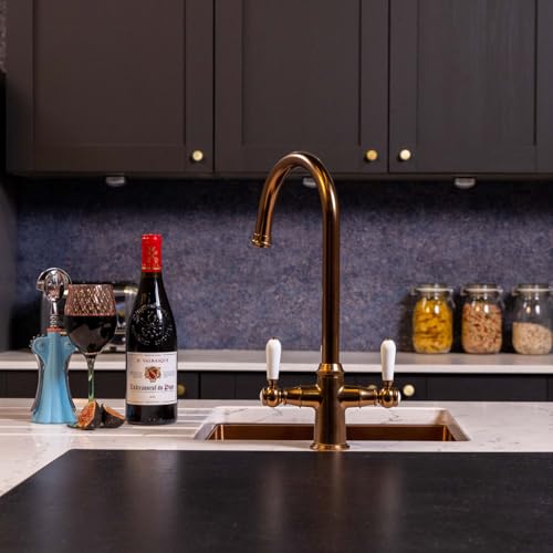 Flode Korsa | 3-in-1 Instant Boiling Tap - Complete Kit | White Ceramic Handles | Instant Hot Water Solution for Your Kitchen (Brushed Copper)