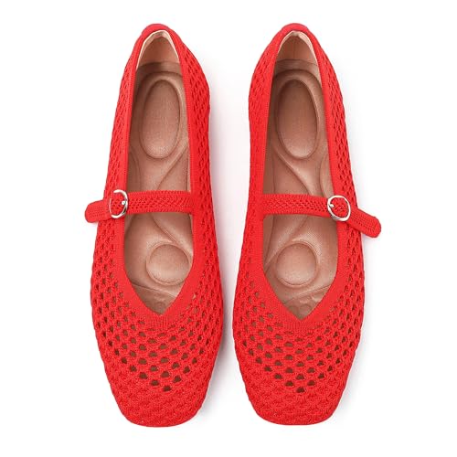 Chavies Woven Mary Jane Flats for Women, Square Toe Casual Ballet Flat Shoes with Ankle Strap Washable Comfortable Formal Mary Jane Flat Shoes Red-10.5