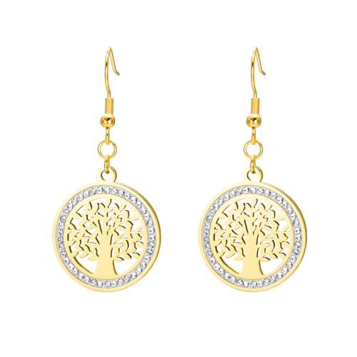 KKJOY Crystal Tree of Life Earrings Stainless Steel Family Tree Pendant Nature Inspired Spiritual Jewelry for Charming Ladies Women(Gold)