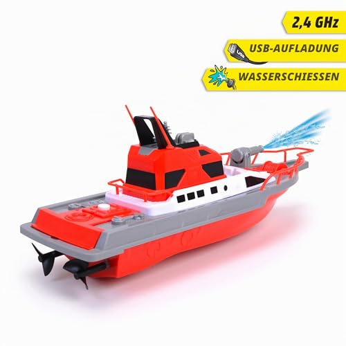 Dickie Toys 201107000 Feuerwehrboot, ferngesteuertes Boot mit Funksteuerung, Feuerwehr, Wasserspritzfunktion, 3 Kanäle, 27 MHz, USB-Aufladung, Geschwindigkeit max 3 km/h, für Kinder ab 6 Jahren
