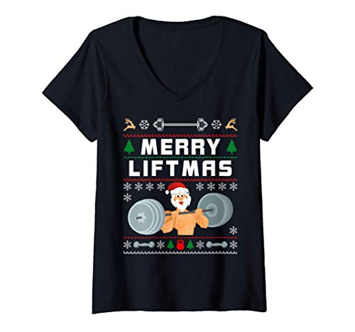 Mujer Lifting Lovers Gym Ugly Fun Christmas Sweater Regalo de Camiseta Cuello V