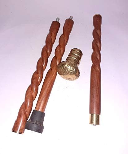 Brass Walking Stick Cane 3 fold Wooden Carving Hand