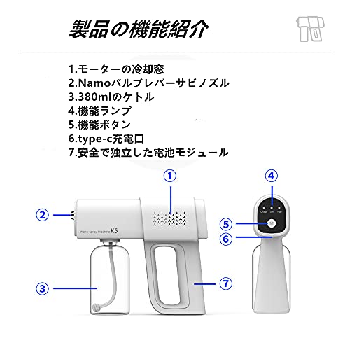 OBEST 噴霧器 自動 電動噴霧器 充電式 380ml 噴霧距離1~1.5 mナノレベル 霧化スプレー コードレス噴霧器 小型で軽量 バッテリー容量2000mAh 家庭/学校/工場 2枚目