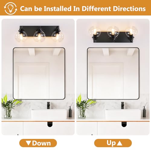 Image of LmnLvn Farmhouse 3-Light Vanity Light, Matte Black Metal with Glass Shade