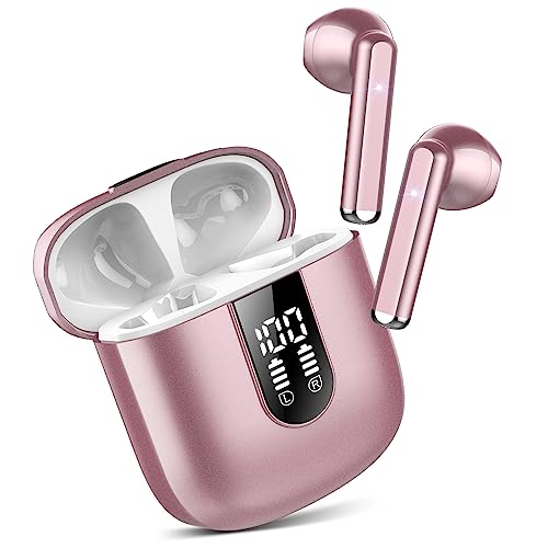 Wireless Earbuds, Bluetooth 5.3 Headphones HiFi Stereo, Mini in-Ear Bluetooth Earbuds, Wireless Earphones with 4 ENC Noise Cancelling Mic, IP7 Waterproof, LED Display, Touch Control Ear Buds,Rose Gold by Jesebang - Used condition - CA$17.47