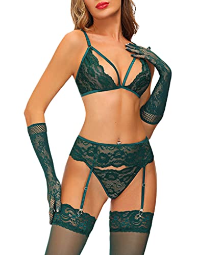 Sexy Lingerie Set for Women Garter Belt Set with Stockings and Gloves Bra and Panty Lingerie Set Green Cover