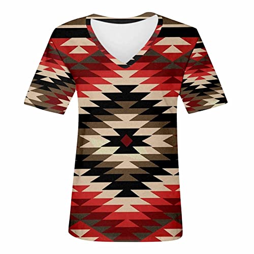 Womens Western Shirts Vintage Ethnic Style Geometric Print Short Sleeve Aztec Tunic Tops Summer Loose Casual Tee #TOP3