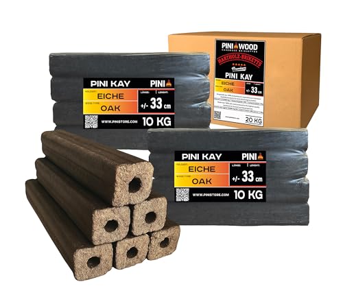 PINI Kay Oak Briquettes 33 cm Long Square with Pull Hole 20 kg Hardwood Briquettes Firewood Briquettes Oak Fireplace Oven Fire Pit Grill