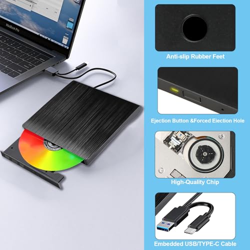 Lyai External CD DVD Drive for Laptop, Portable USB 3.0 and Type-C CD DVD Rw Writer Reader Burner Slim Optical DVD Player for PC, Desktop, Mac OS/Windows 11/10/8/7/XP/Linux - Image 5