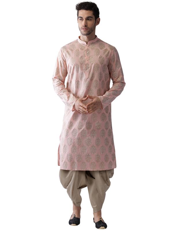 Image of KISAH Men's Kurta Dhoti Set, Cotton Blend, Printed Mandarin Colla Regular Fitr Long Sleeves