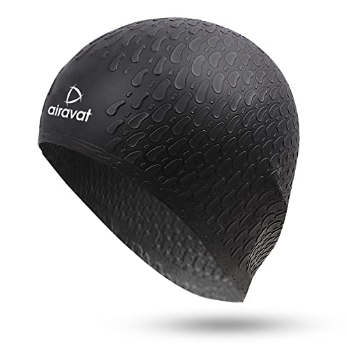 Image of Airavat Swim Bubble Cap, Silicone Swim Cap, Comfortable Bathing Cap Ideal for Curly Short Medium Long Hair, Swimming Cap for Women and Men (Black)