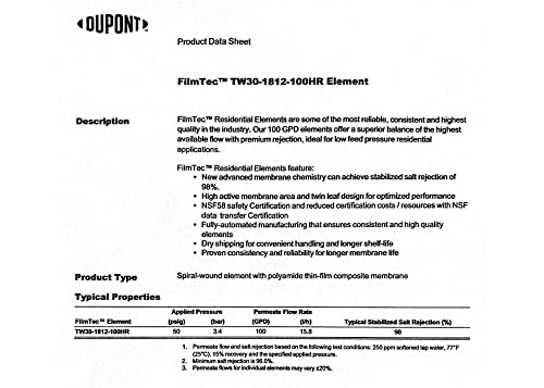Dow Filmtec, Tw30-1812-100Hr 100 Gpd Tfc High Rejection Membrane For Undersink Reverse Osmosis (Ro) System #TOP5