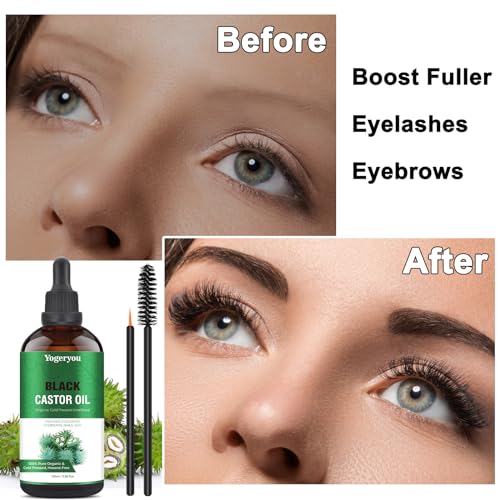 YogerYou Jamaican Organic Black Castor Oil (3.38oz),100% Pure Cold Pressed Castor Oil for Hair Growth,Body,Face,Skin Care,Unrefined Hexane Free Glass Bottle Eyebrow Eyelash Growth Serum to Grow Lashes