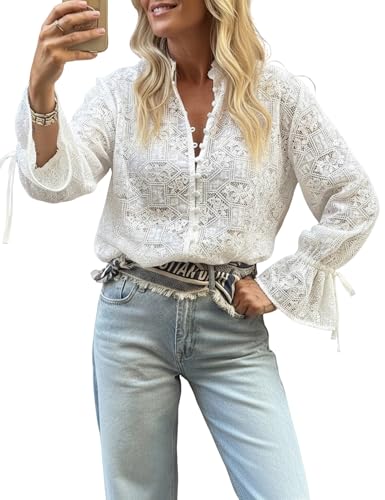 Lingswallow Women's Dressy Casual Lace Blouses V Neck Long Sleeve Tops Fashion Boho Loose Fit Button Down Shirts Fall Clother 2026 White Lace Blouse Shirts Ruffle Cuff Lace Top for Women