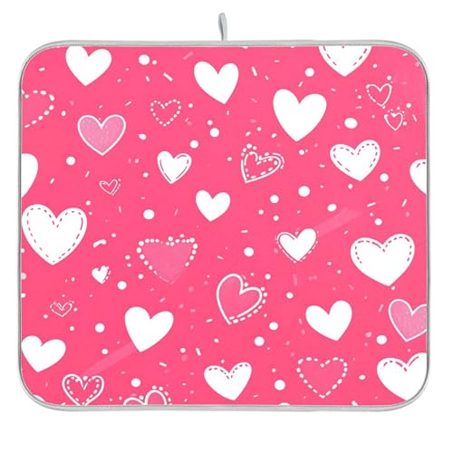 Hot Pink Love Dish Drying Mat for Kitchen Countertop 16x18 Happy Valentine’s Day Heart Small Drying Mat Reusable Quick Dry Dish Sink Mats Easy Clean Decorative Essentials