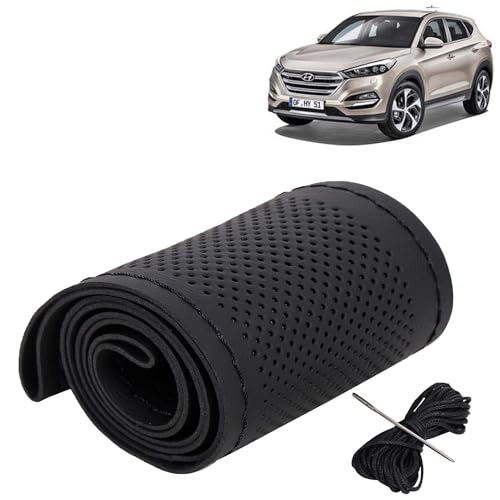 Image of KINGSWAY PU Leatherite Car Steering Cover Sewable Compatible with Hyundai Tucson (Year 2009-2015), Black Color with Black Thread, Pack of 1 with Sewing Needle and Thread