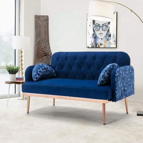 neolun Modern Velvet Loveseat Sofa, Comfy Upholstered 2-Seater with Gold Metal Legs, Small Living Spaces, Navy Velvet