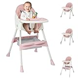 Ktaxon Foldable Baby High Chair, 2-in-1 Portable Convertible Highchair with Removable Dual-Layer Tray, 5-Point Safety Harness and Storage Bag for Toddlers & Babies, Pink