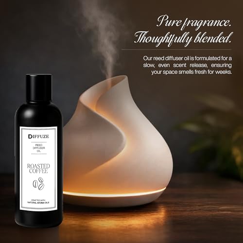 Image of DIFFUZE Roasted Coffee Essential Oil Reed Diffuser Refill with 10 Fibre Reed Sticks | Coffee Aroma Oil & Fragrance Oil | Diffuser Oil for Home Fragrance