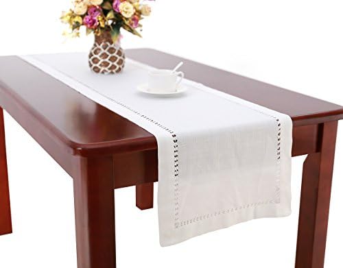 Grelucgo Handmade Hemstitched Natural Rectangle White Lace Table Runners Dresser Scarves (14*72 inch)(36*183 cm)