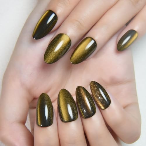 evpct Cat Eye Gold Press on Nails Almond Short, Gold Metal Short ...