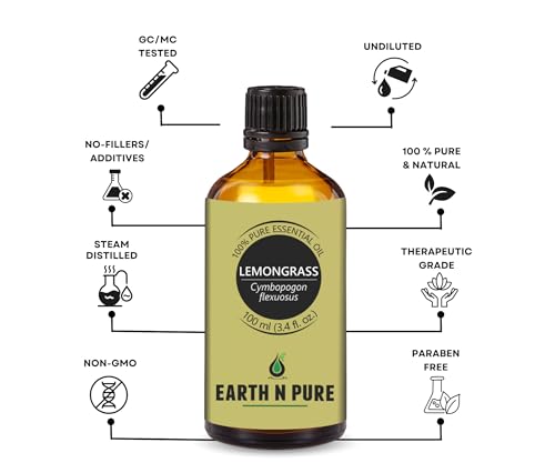 Image of Earth N Pure Lemongrass Essential Oil - Steam Distilled for Fresh Aroma, Focus & Relaxation - 100% Pure & Undiluted | 100ml