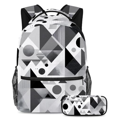 Cartable enfants 2 pièces avec grand sac à dos géométrique gris et sa trousse assortie
