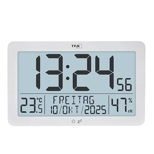 TFA Dostmann Reloj de Pared Digital con Radio y Temperatura, 60.2568.02, con medidor de Humedad, también Adecuado para Personas Mayores, Reloj de Mesa, Incluye luz de Fondo, días de la Semana en 7