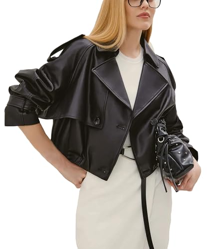 Womens Short Crop Trench Coat Double Breasted Notched Lapel