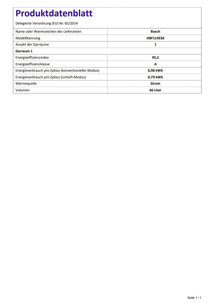 Bosch Seria 2 HBF114ES0 - Piekarnik (Średni, 66 l, 66 l, 50-275 °C, 275 °C)