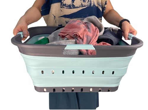 Image of SAMMART 42 (11 Gallons) Collapsible Plastic Laundry Basket, Foldable Pop Up Storage Container /Organizer, Space Saving Hamper, Portable Bin for Dorm Room Bathroom (2, Grey /Lake Green)