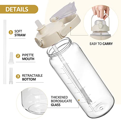 Kytffu 64Oz Glass Water Bottles With Straw, Half Gallon Motivational Water Bottle Glass With Protective Storage Sleeve And Strap, 2L Leakproof Large Glass Water Jug For Men Women,Cream #TOP2