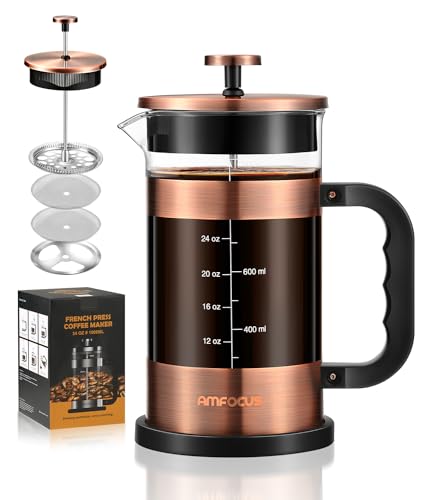 AMFOCUS French Press Coffee Maker, 34oz Glass, Heat-resistant Borosilicate, 4-Level Filters, Portable Cold Brew for Travel, Home Gift (Copper)