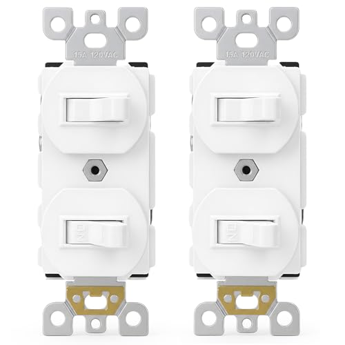 Baomain 2-Pack Double Toggle Light Switch 15 Amp 125V Two Single Pole Residential Grade On/Off Electrical Wall Switch Self-grounding Glossy White ETL Listed