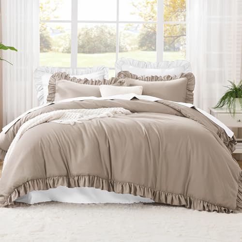 Image of Litanika Light Coffee King Size Comforter Set, 3 Pieces Ruffle Farmhouse Aesthetic Bedding Comforter Set, All Season Soft Lightweight Fluffy Microfiber Bed Set(104x90In Comforter, 2 Pillowcases)