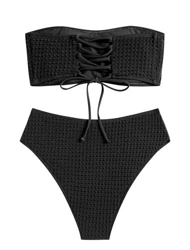 Image of ZAFUL Women's High Cut Bandeau Bikini Set Strapless Solid Color 2 Pieces Bathing Suit Swimsuit