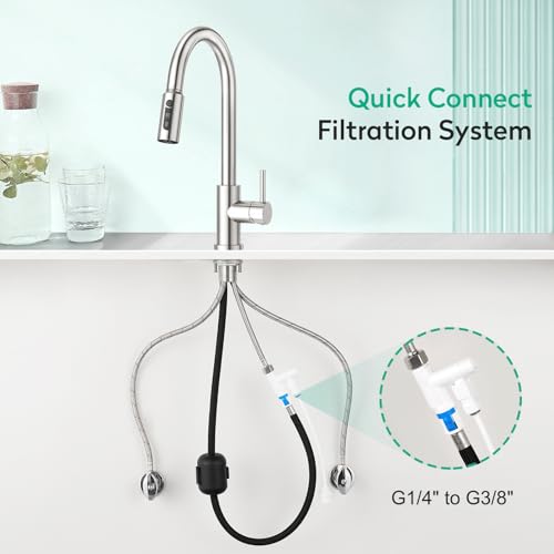 CREA 3 Wege Küchenarmatur mit Brause, Drei Wege Wasserhahn Küche Ausziehbar, 360° Drehbar 3 Wege Mischbatterie, Einhand Trinkwasserhahn, 3 in 1 Spültischarmatur, 3 Wege Armatur aus Edelstahl,Gebürstet