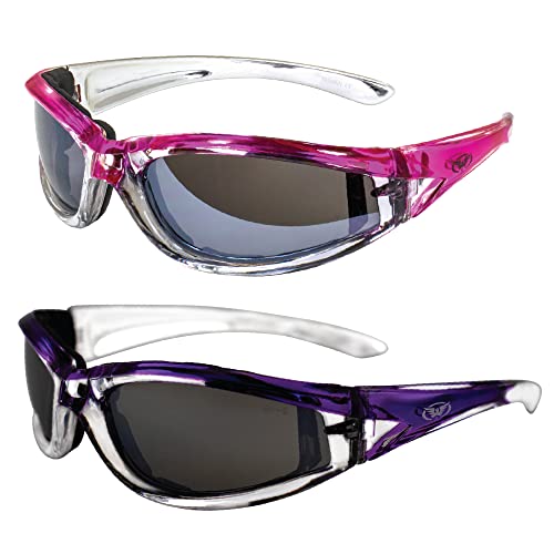 Global Vision Eyewear Flashpoint Padded Motorcycle Sunglasses for Women 2 Pairs Two Color Crystal/Pink & Crystal/Purple Frames w/Flash Mirror Lenses Fits Smaller Faces