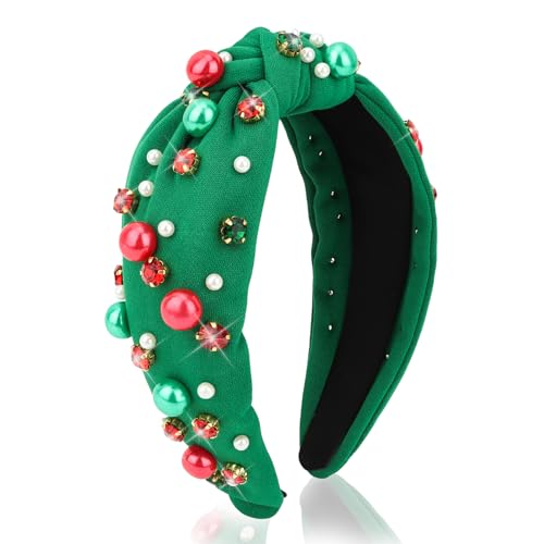 Uintoon Christmas Headband for Women Pearl Knotted Headband Sparkly Rhinestone Pearls Top Knotted Headbands Holiday Headbands Fashion Accessories Cute Green Hair Bands for Women Girls