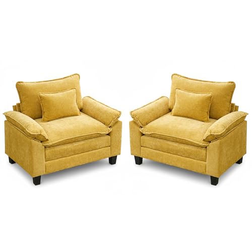 URRED Cloud Couch Accent Chair with Ottoman, Oversized Chenille Armchair with Deep Wide Seat and Upholstered Armrests – Modern Lounge Chair for Bedroom or Living Room (Yellow, 2 Chairs)