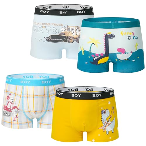 ELUTONG Jungen Boxershorts,Baumwoll Weicher Unterhosen für 2-3 Jahre 4er Pack(Bagger+Dinosaurier)