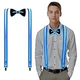 VAIPI Light Up Suspenders and Bow Tie for Men LED Novelty Neon Bowtie Rave Party Outfit Glow Suspenders Party Clothes Accessories Wearable Festival LED Clothing for Mens Suspenders Overalls (Blue)…