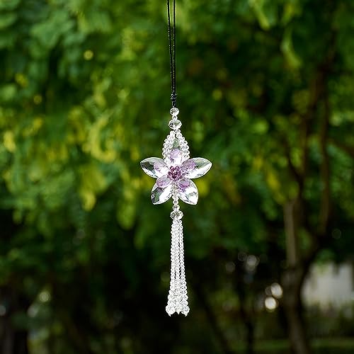 Image of Crystal Flower Car Rear View Mirror Pendant Suncatcher Ornament for Automotive Decoration Accessories Interior Rearview Mirror Hanging Charm, Purple