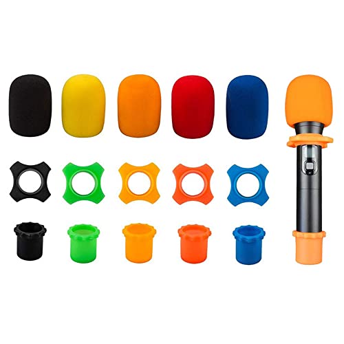 5 Pezzi Parabrezza in Schiuma Compatibile, Spugna Microfono Protezione in Gommapiuma,Microfoni Spugna Covers, con Anello per Microfono Antirotolamento e Custodia Inferiore, per Meeting Studio Karaoke