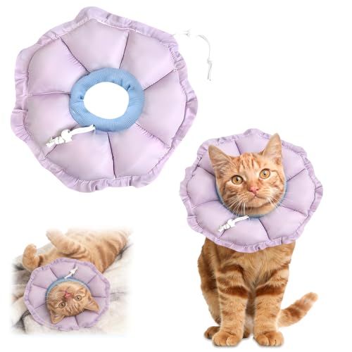 Einstellbarer Halskrause Katze Weich, Elizabethan Kragen für Katzen, Verstellbarer Tiefe, Kopfumfang 17-27 cm, Verhindert Lecken und Kratzen, Operation und Verletzungen für Haustier—Lila, M