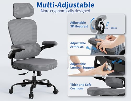 Image of TRALT Ergonomic Office Chair - Desk Chair with Adjustable Headrest Lumbar Support Computer Chair - Mesh Comfy Chair with Flip-up Armrests - Gaming Chairs for Adults Home Office (Leather, Dark Grey)
