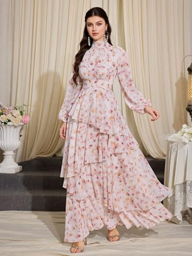 Image of TOLEEN Summer Casual Dresses for Women 2024 Spring Fashion Boho V Neck Long Sleeve Ruffle Floral Print Elegant Maxi Dress